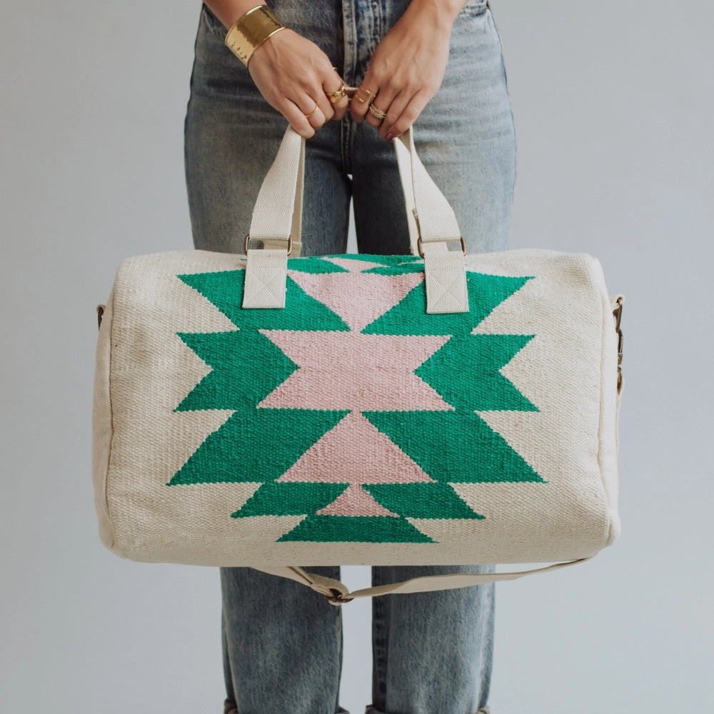 Beige, green & lt. pink Aztec duffel