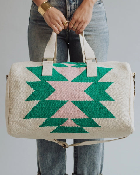 Beige, green & lt. pink Aztec duffel