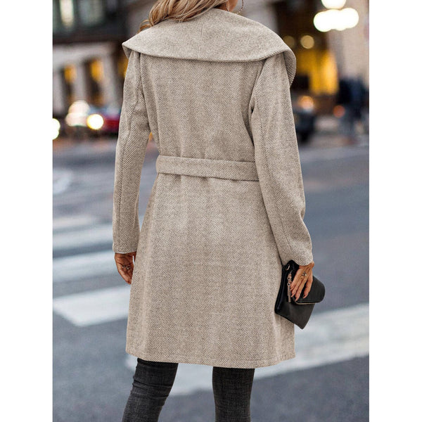 Knee length Herringbone Belted coat; womens coats.