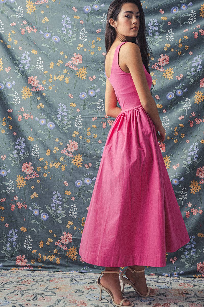 Elegant Square Neck Cotton Blend Gathered Waist Midi Dress