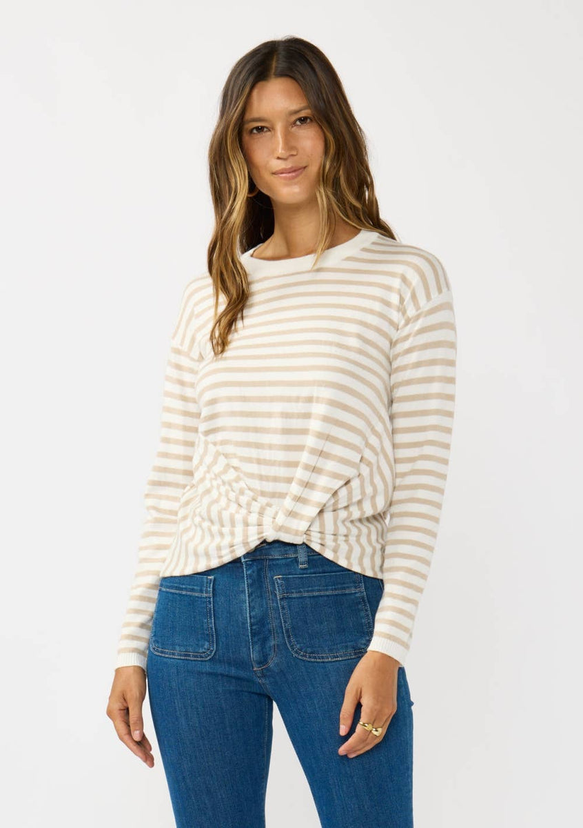 Horizontal Stripe Front Knot Pullover Sweater