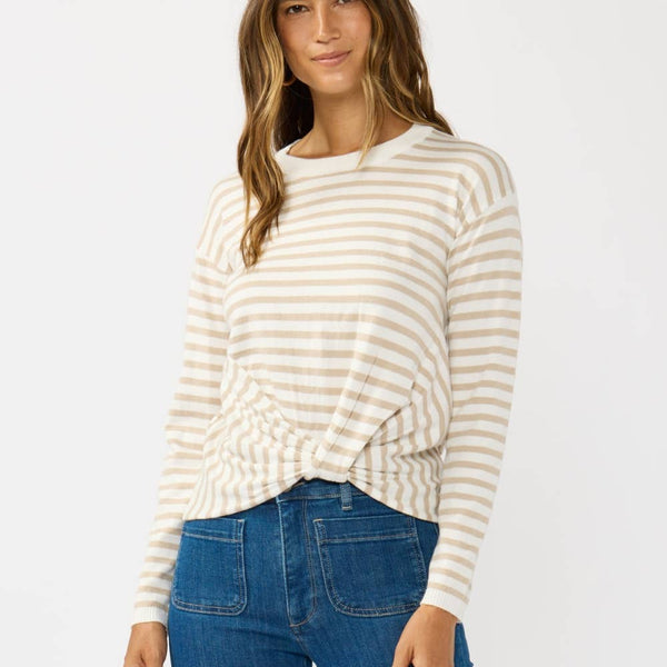 Horizontal Stripe Front Knot Pullover Sweater