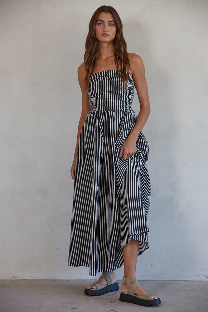 Striped Tube Neck Strapless Flare Maxi Dress