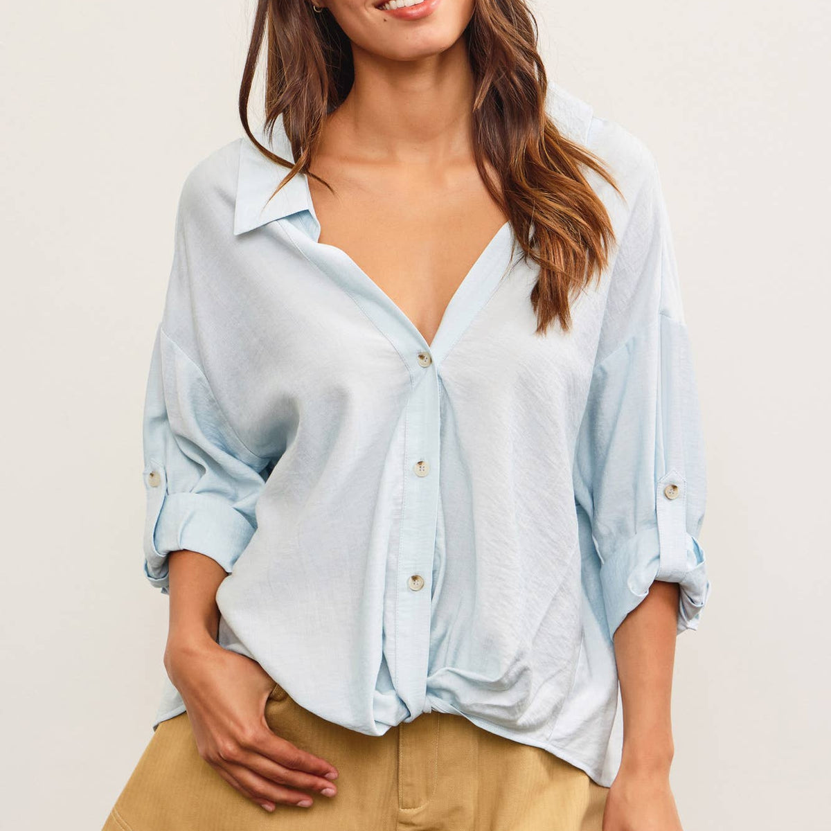 V-Neck Knotted Button Up