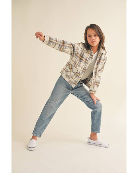 Girls Plaid Button-up Short Shacket