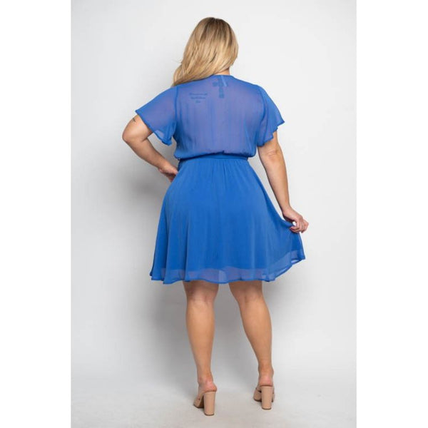 Blue knee length plus-size tie dress; womens clothing.
