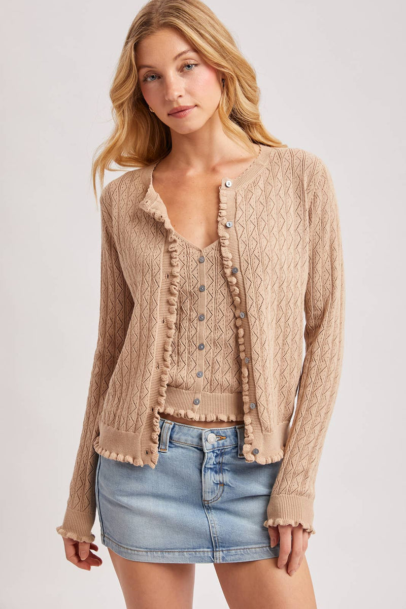 V-Neck Pointelle Knit Ruffled Hem Cami