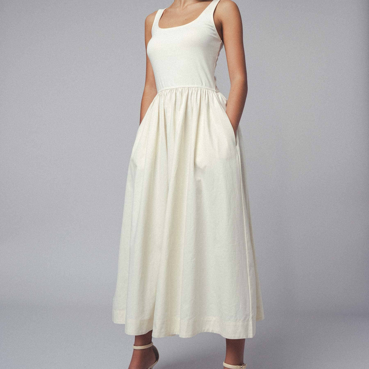 Elegant Square Neck Cotton Blend Gathered Waist Midi Dress