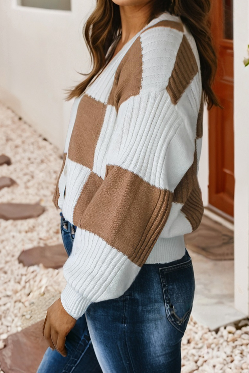 Checkered Ribbed Detail Button V-Neck Cardigan