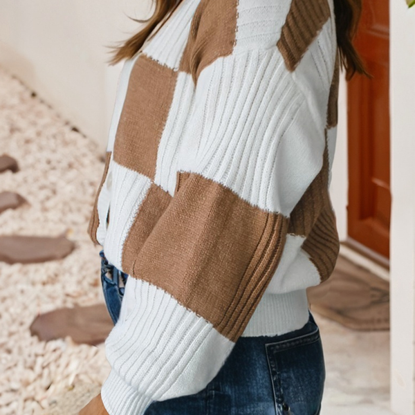 Checkered Ribbed Detail Button V-Neck Cardigan