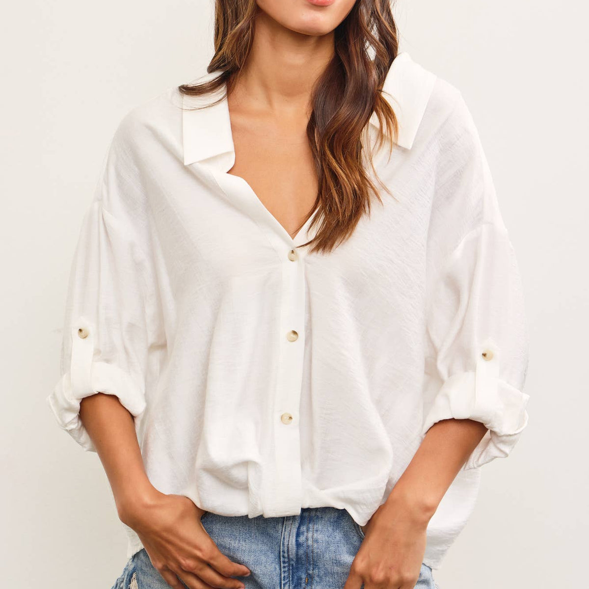 V-Neck Knotted Button Up