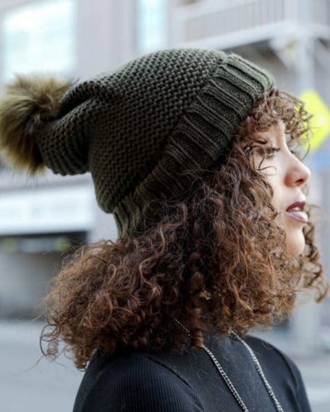 Sherpa Lined Pom Beanie Hat - womens accessories