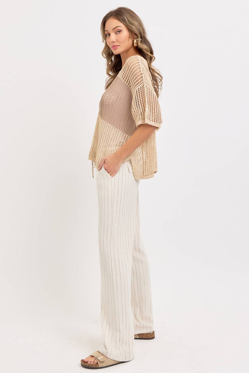 Linen Blend Striped Pull on Pants