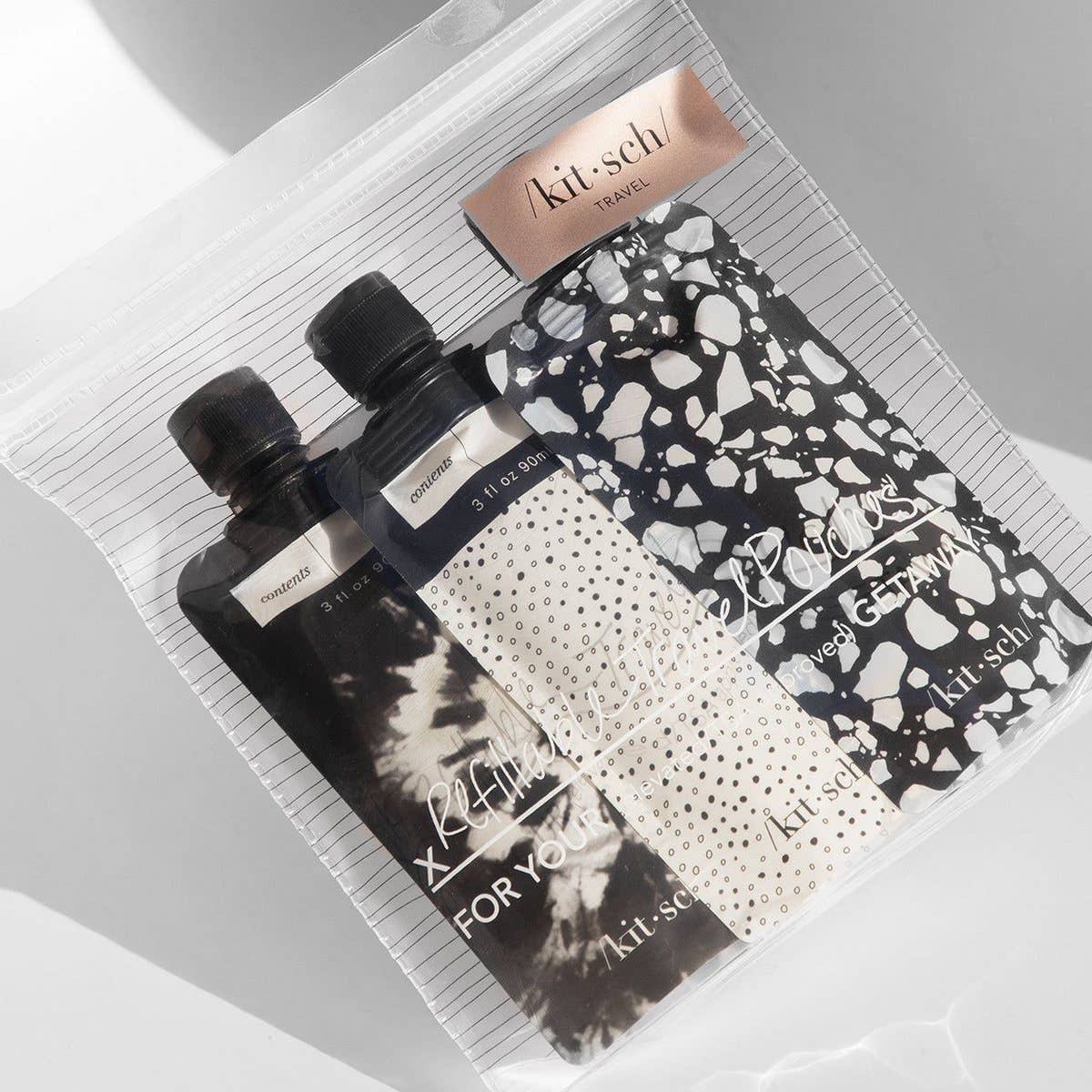 Refillable Travel Pouches 3pc Set - Black & Ivory