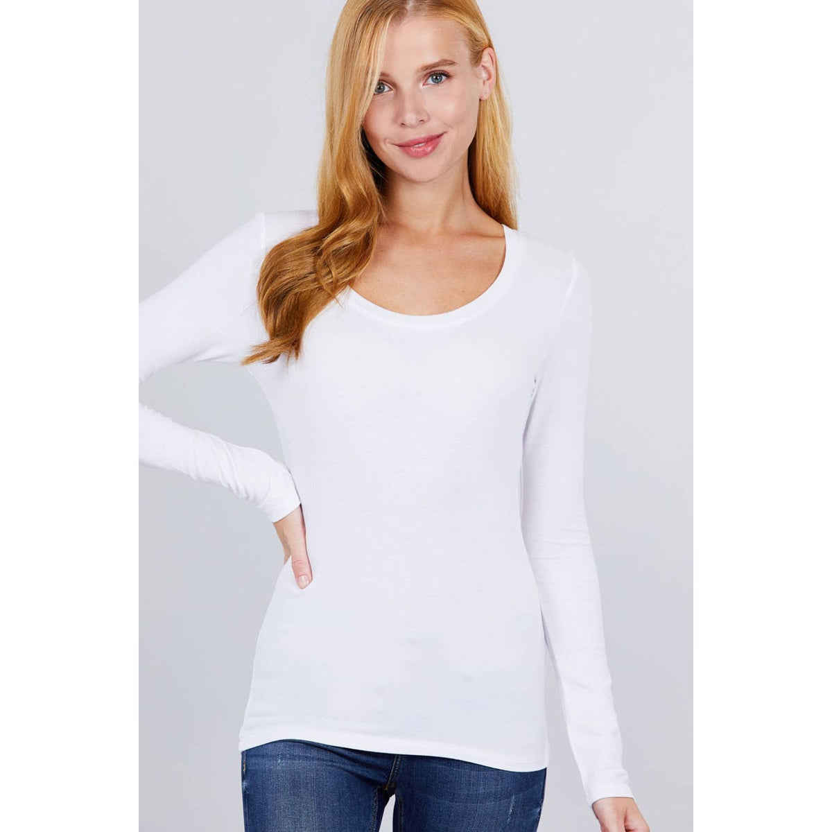 White scoop neck tight fitting long sleeve shirt; womens clothing.