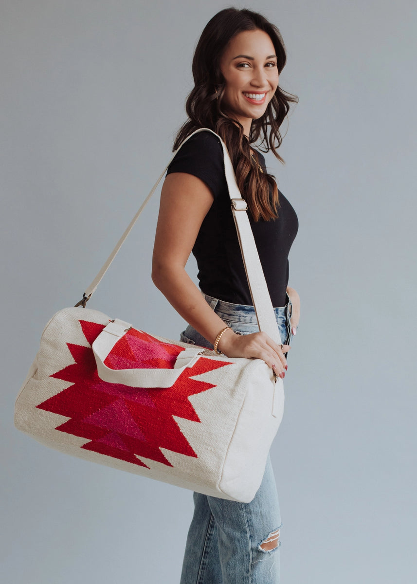 Cream, Red & Pink Aztec Duffel