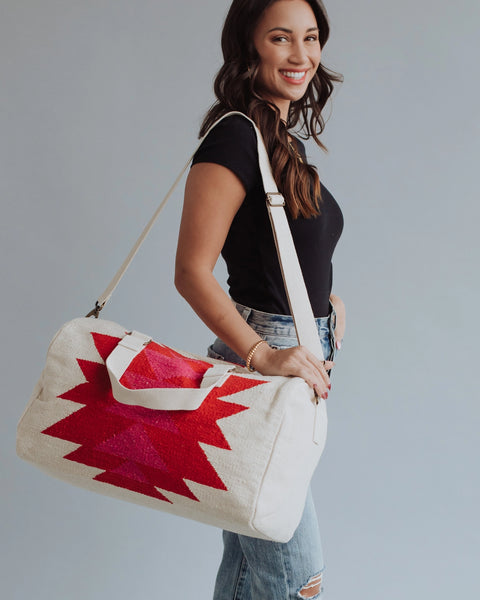 Cream, Red & Pink Aztec Duffel