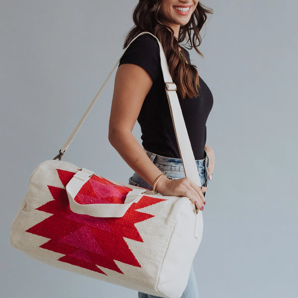 Cream, Red & Pink Aztec Duffel