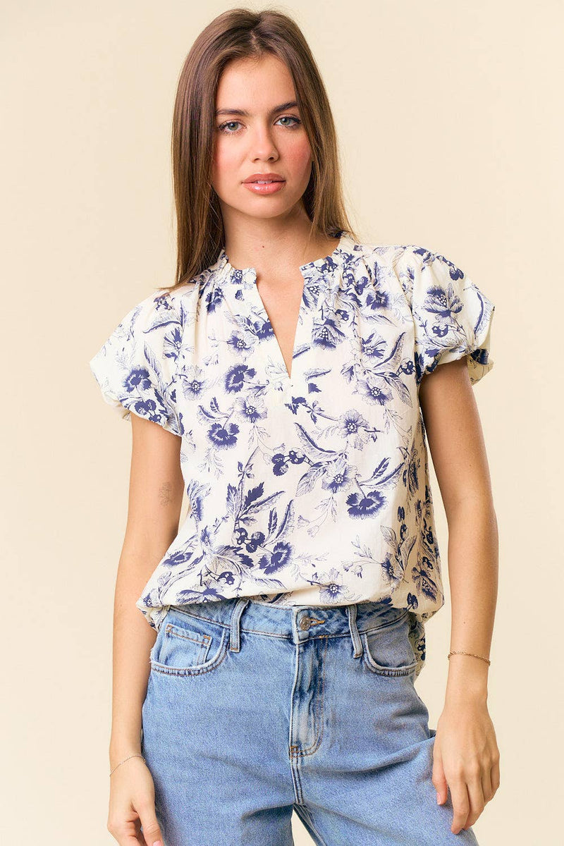 Floral Print Ruffle V-Neck Blouse