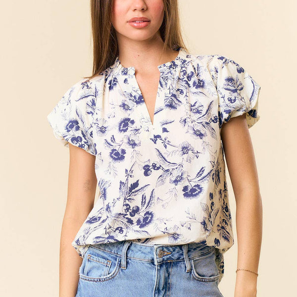 Floral Print Ruffle V-Neck Blouse