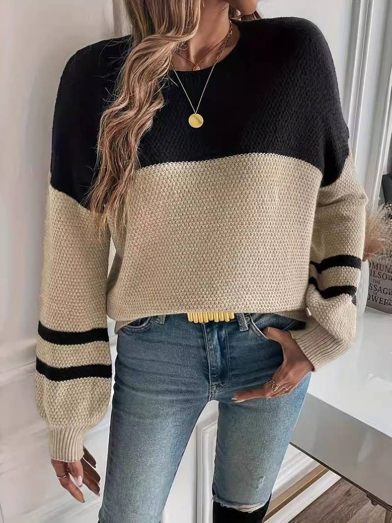 Black khaki Color Blocks patchwork Knit Sweater