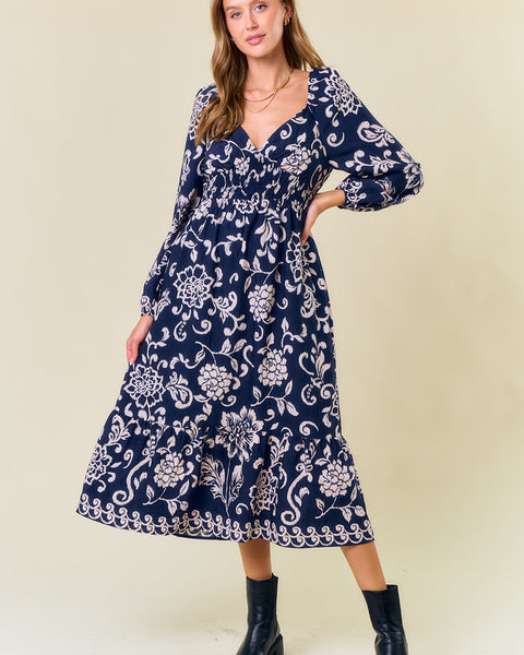 Floral Long Sleeve V-Neck Dress