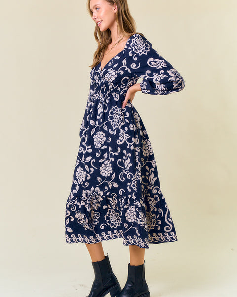 Floral Long Sleeve V-Neck Dress