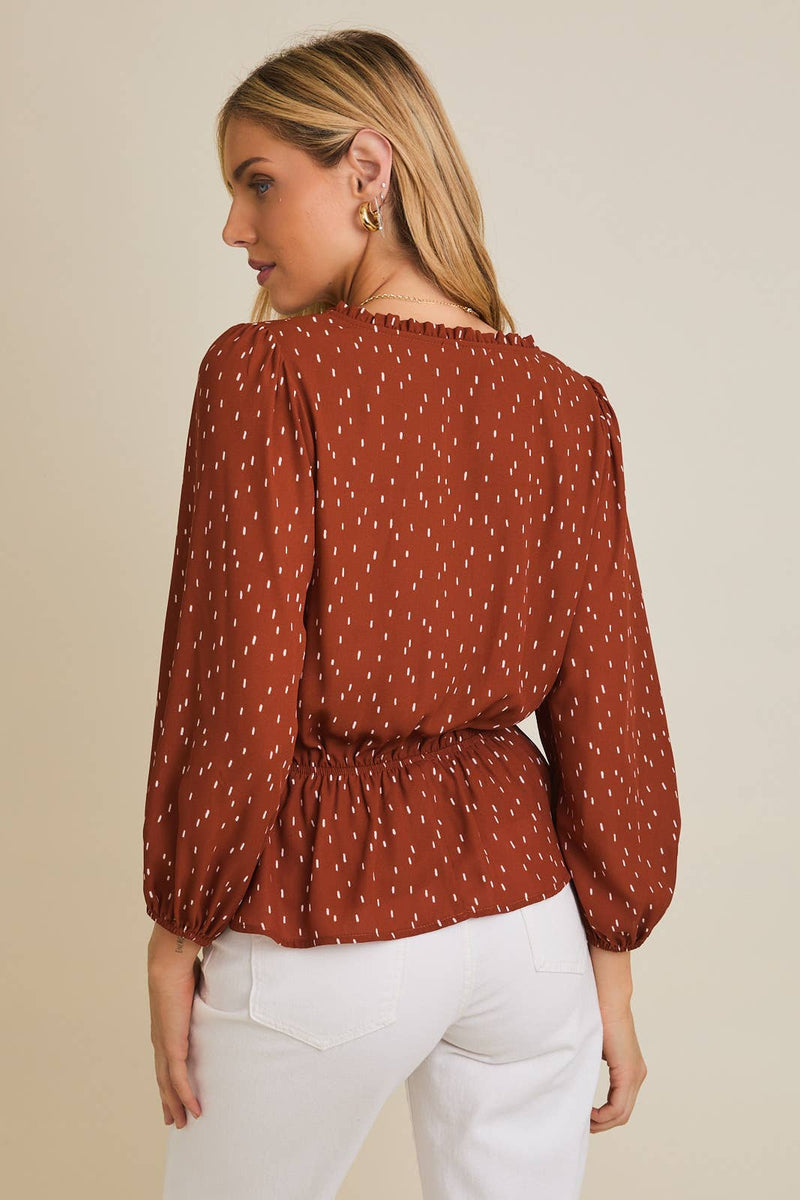 V-NECK BUTTON UP LONG SLEEVE FLARE HEM ABSTRACT TOP