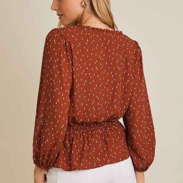 V-NECK BUTTON UP LONG SLEEVE FLARE HEM ABSTRACT TOP