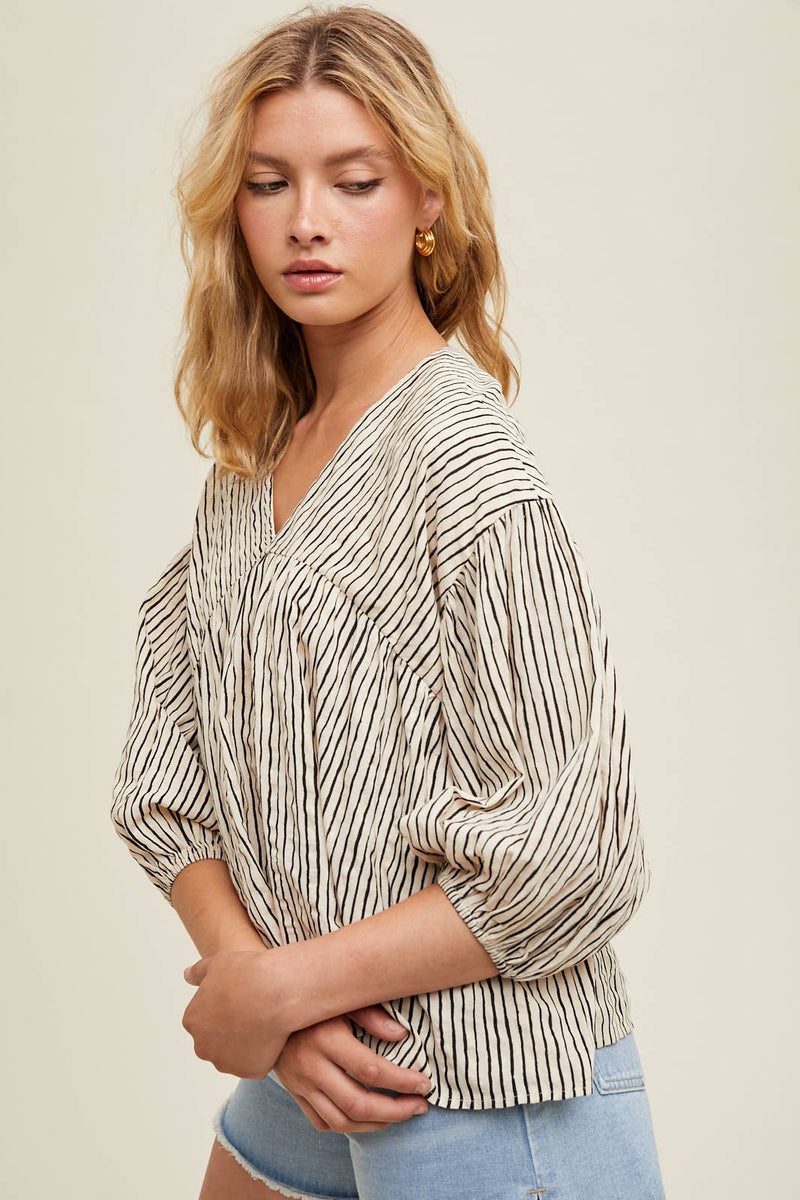 Striped 3/4 Balloon Sleeve Top