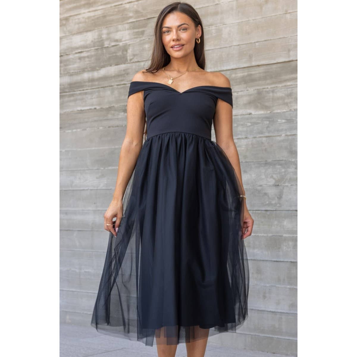 Off the Shoulder Tulle Midi Dress