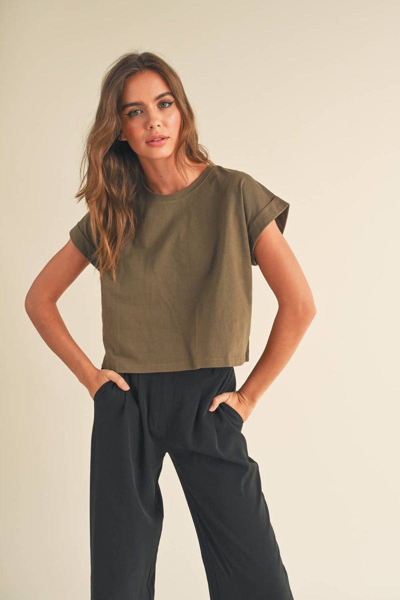 Round Neck Cuffed Sleeve