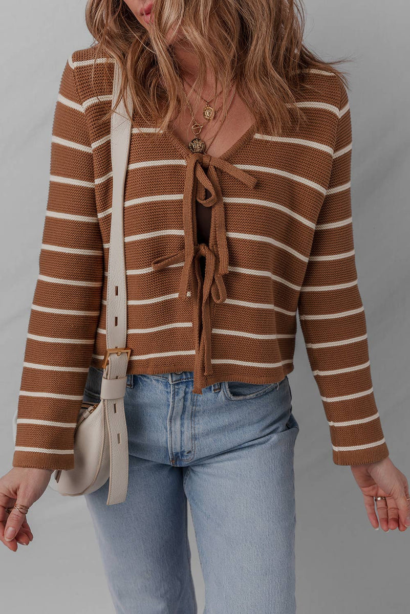 V-Neck Tie Front Striped Knit Cardigan Sweater
