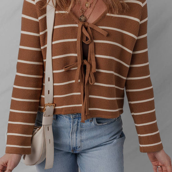 V-Neck Tie Front Striped Knit Cardigan Sweater