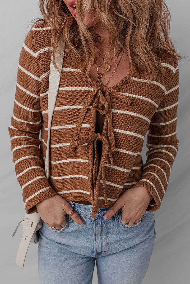V-Neck Tie Front Striped Knit Cardigan Sweater