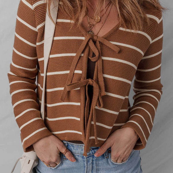 V-Neck Tie Front Striped Knit Cardigan Sweater
