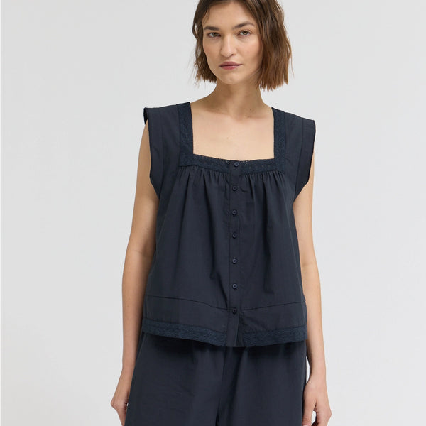 Eyelet Trim Detailed Sleeveless Top