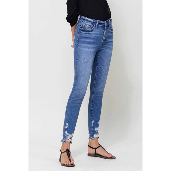 High rise buttoned dstressed bottom skinny jeans; womens clothing.