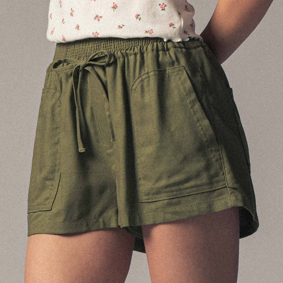 Smocked Waist Linen Blend Shorts