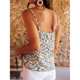 Green floral spaghetti strap tank top; womens clothing.