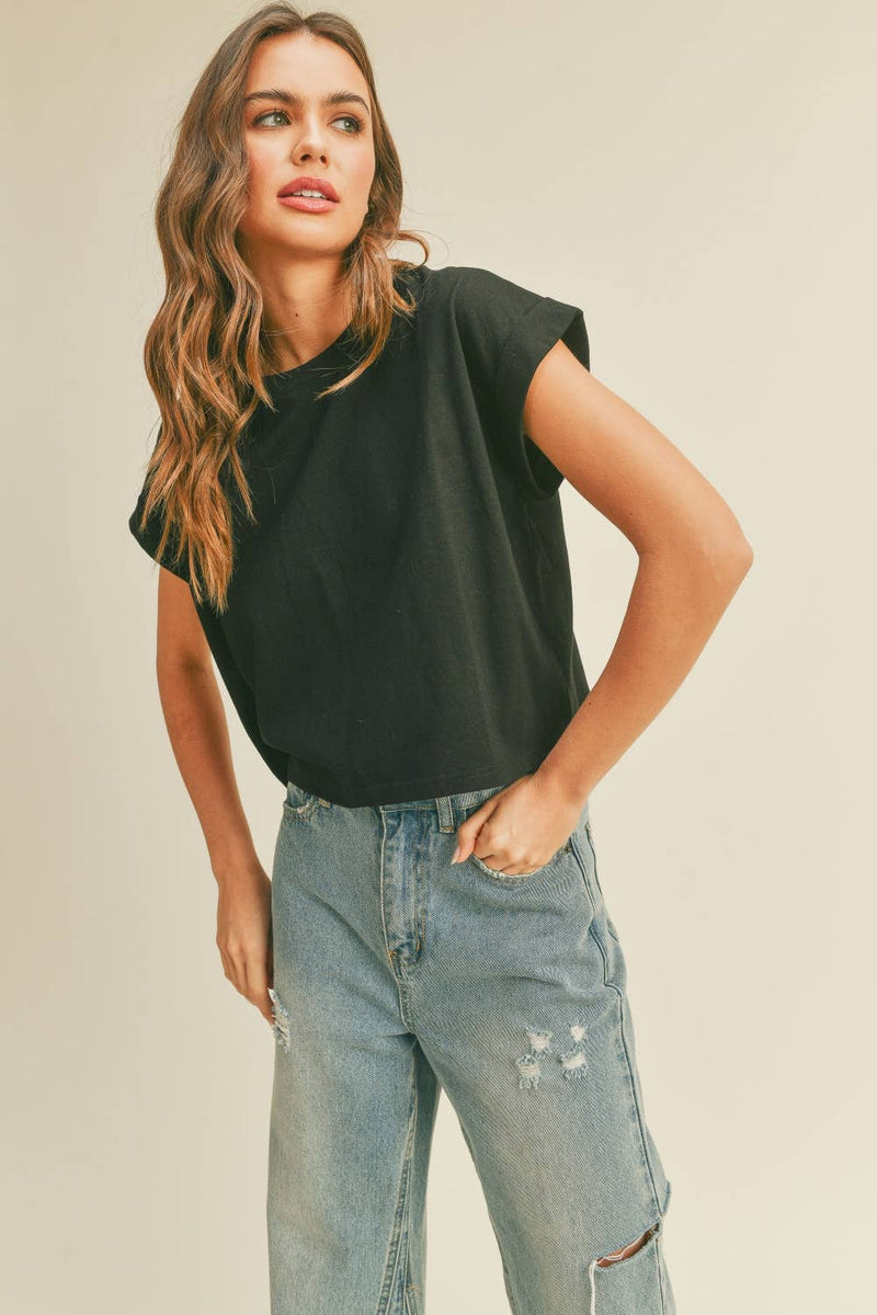 Round Neck Cuffed Sleeve