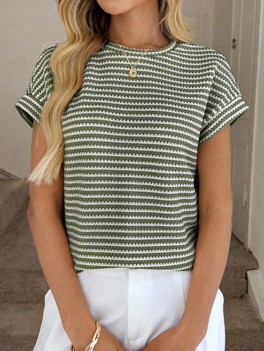 Striped Knit Short Sleeve Pullover Sweater Top