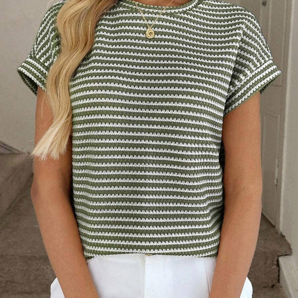 Striped Knit Short Sleeve Pullover Sweater Top