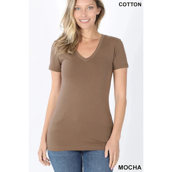 Light brown v-neck womens t-shirt. Women's clothing staple. 