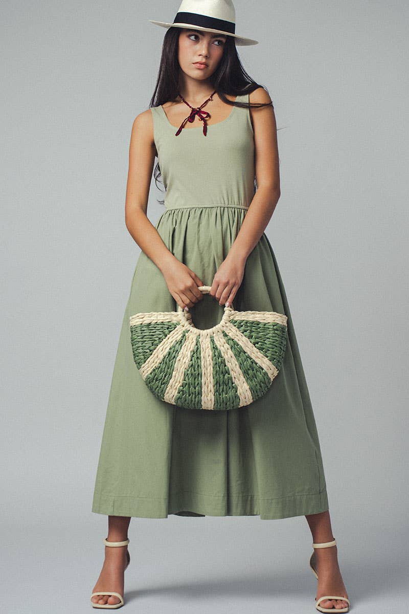 Elegant Square Neck Cotton Blend Gathered Waist Midi Dress