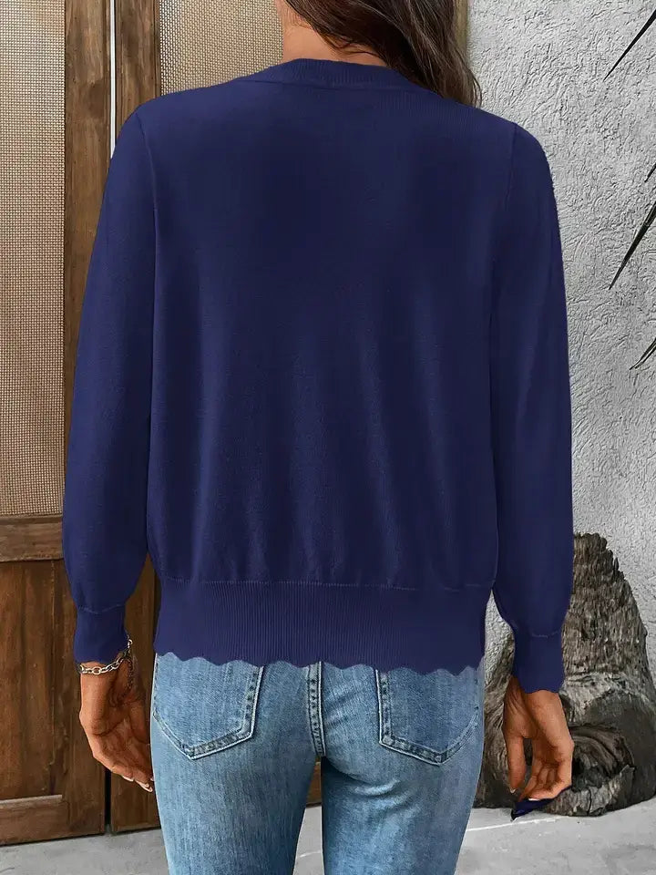 Lightweight Scalloped Edge V-Neck Knit Cardigan