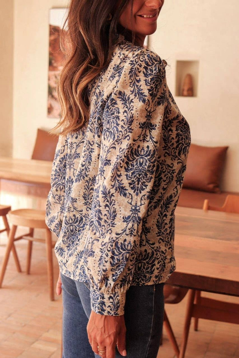 Bohemia Ethnic Floral Print Ruffle Neck Blouse