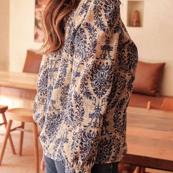 Bohemia Ethnic Floral Print Ruffle Neck Blouse