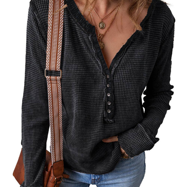 Acid Wash Waffle Long Sleeve Top