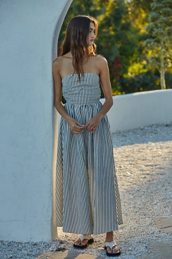 Striped Tube Neck Strapless Flare Maxi Dress